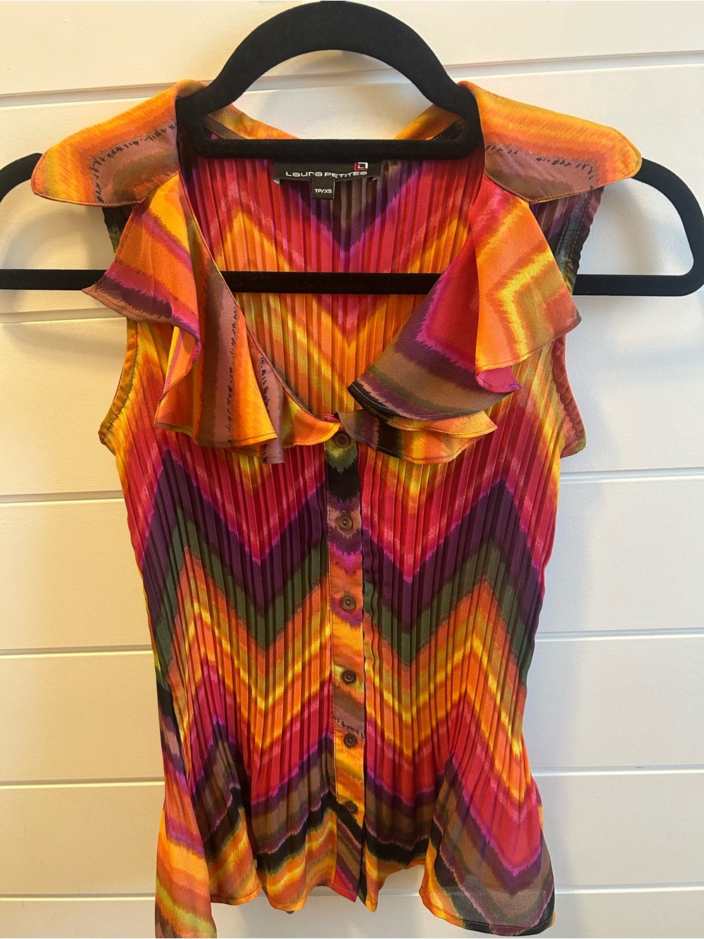 Sleeveless Chevron Ruffle Button-Front Blouse - Lauren Petite - Multi-Color